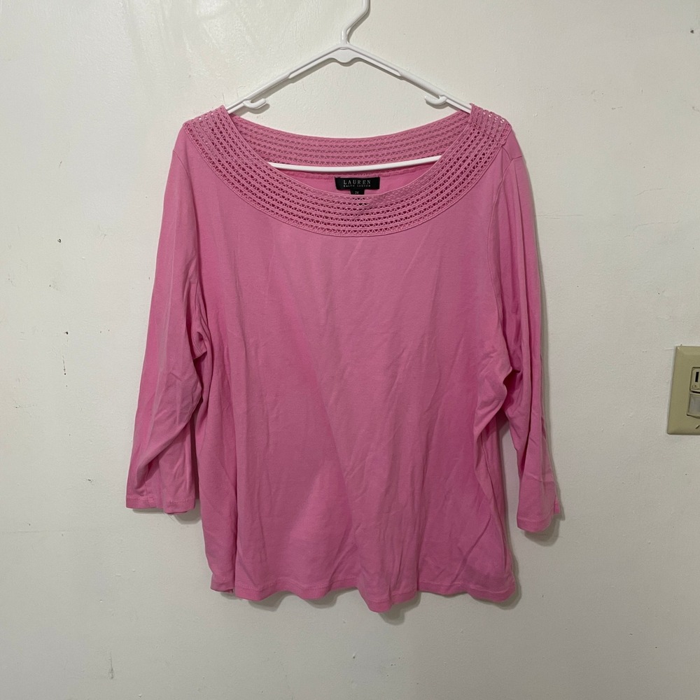 Lauren Ralph Lauren Pink Cotton Crochet Boat Neck 3/4 Sleeve Top Plus Size 2X